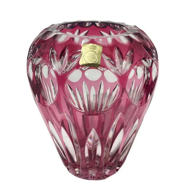 Cut to clear crystal vase and basket, Germany 1960 A red to pink cut to clear crystal vase and basket. Each item has a...
