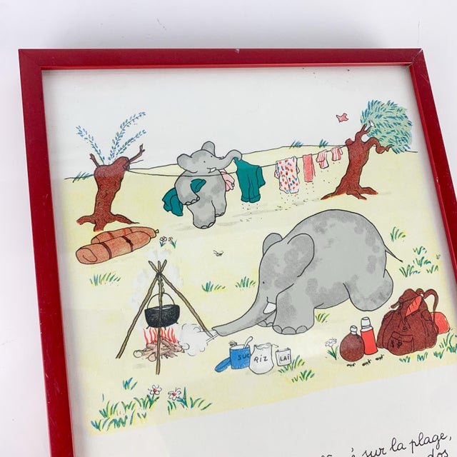French Vintage French Travels of Babar Celeste the Elephant Framed Print Lithograph For Sale - Image 3 of 8