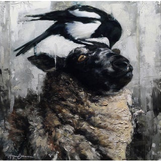 Soft Landing by Morgan Cameron | Oil on Panel Sheep with a bird perched on its head For Sale