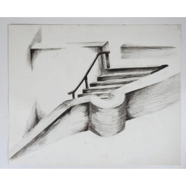 Vintage circa 1990's charcoal on paper drawing of staircase. Unsigned. Unframed, scattered spots.
