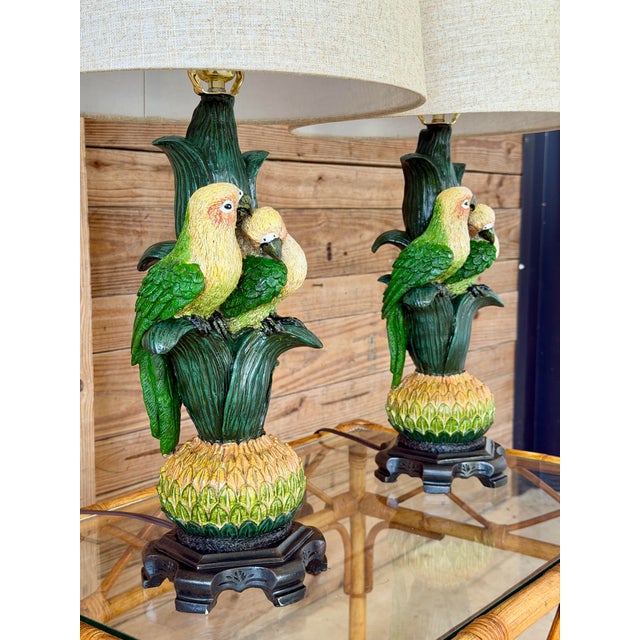 English Sculptural Parrot Table Lamps With New Linen Shades - a Pair For Sale - Image 3 of 12