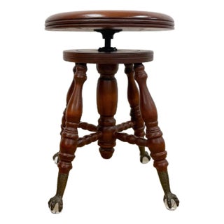 Vintage Victorian Adjustable Piano Stool Brass Claw Ball Feet Turned Wood For Sale
