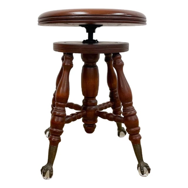 Vintage Victorian Adjustable Piano Stool Brass Claw Ball Feet Turned Wood For Sale