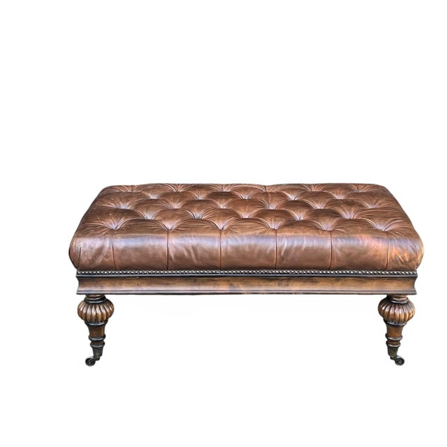 Vintage Tufted Brown Leather Ottoman Bench With Nailhead Trim & Carved Wood Legs on Casters For Sale - Image 14 of 15