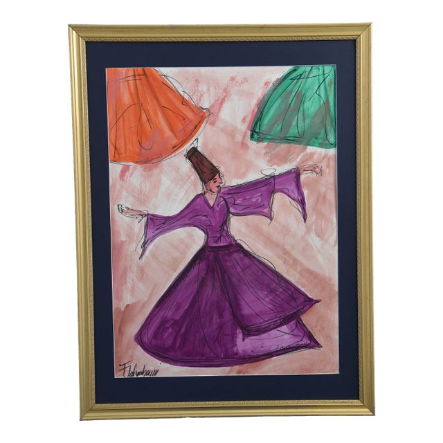 "Sufi Whirling Dancer" Pastel Drawing Signed, Framed For Sale