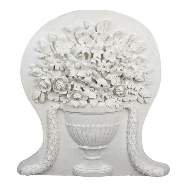 Vintage White Cast Stone Floral Urn Wall Plaque For Sale