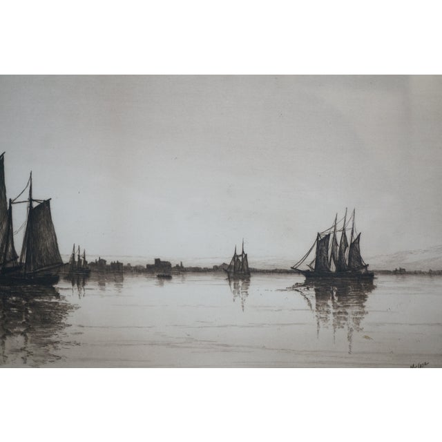 Black Antique Charles Mielatz Signed Rhode Island Fishing Boat Harbor Etching 27" For Sale - Image 8 of 15