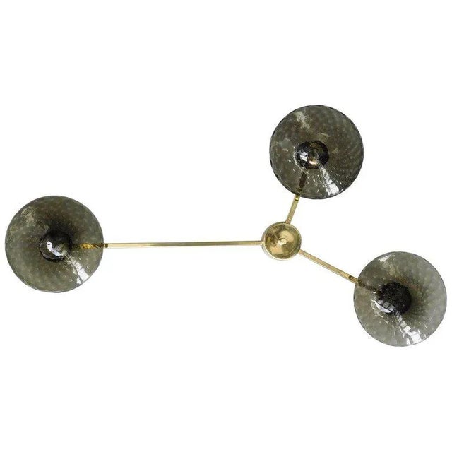 Italian flush mount with three smoky Murano glass shades carefully hand blown with bubbles inside the glass using...
