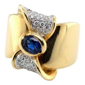 18k Yellow Gold Blue Sapphire and Diamond Ring, Size 6.5