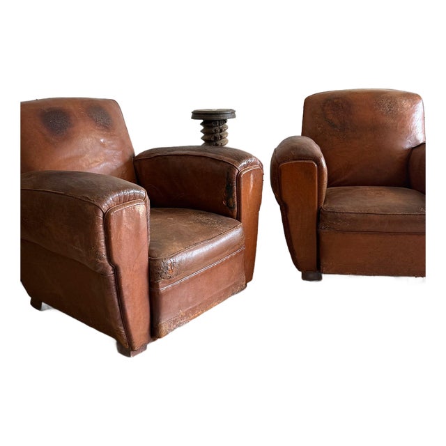 Pair of Two Vintage Oversized French Leather Club Chairs For Sale