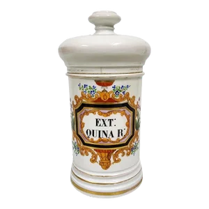 Mid-19th Century French Glazed Porcelain Apothecary/Pharmaceutical Jar With Lid- 'Ext: Quina R:'