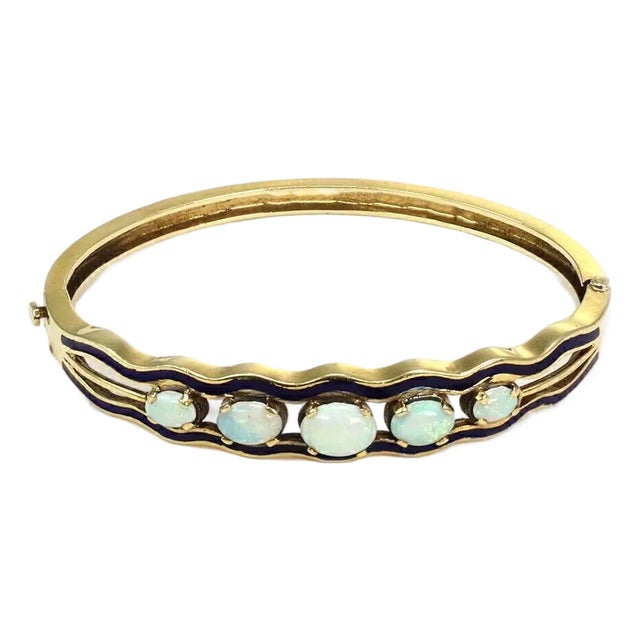 Opal 14k Yellow Gold Blue Enamel Hinged Bracelet For Sale