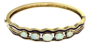 Opal 14k Yellow Gold Blue Enamel Hinged Bracelet