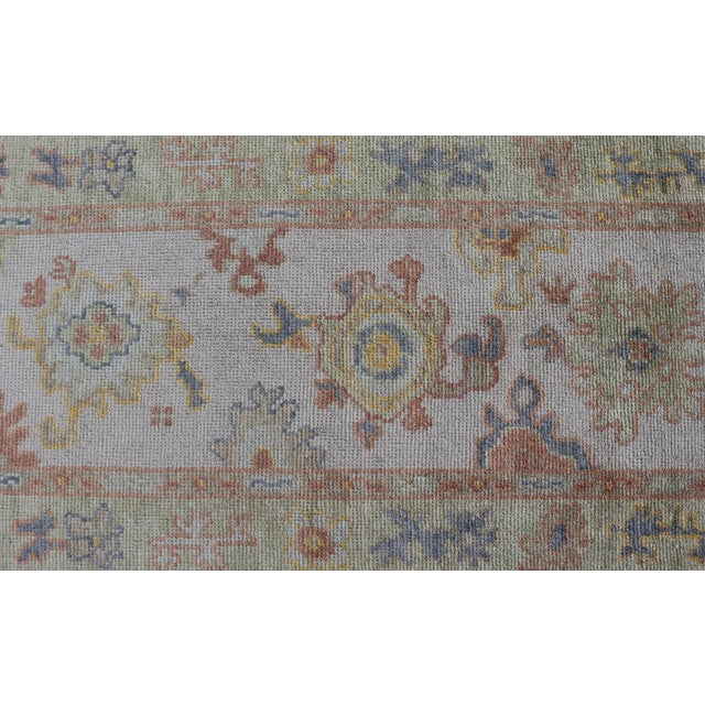 Turkish Oushak Runner in Ivory With Soft Green, Gold, and Coral 2'11 X 13'3 For Sale - Image 10 of 12