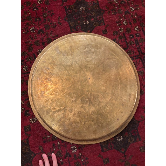 19th Century Islamic Brass Tray | Indo-Persian Hand-Engraved Geometric & Floral Decoration | Antique Tabletop For Sale - Image 4 of 7