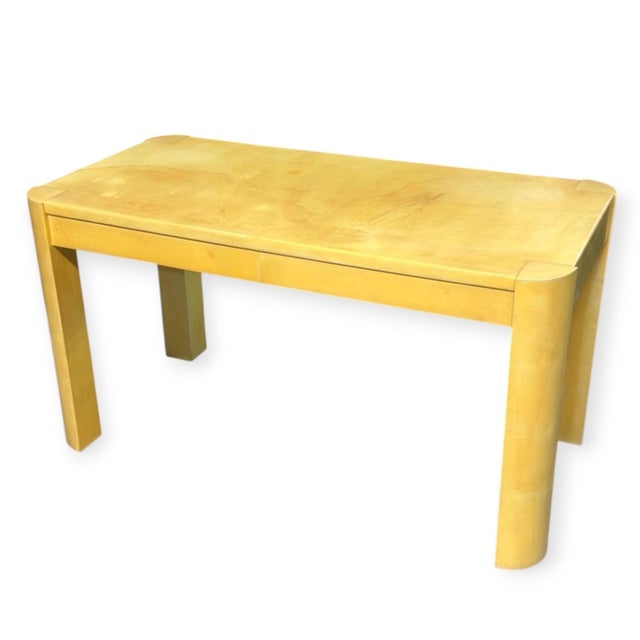 Karl Springer Goatskin Desk, 1970’s. Original Measures 54” long 26.75” deep 29.5” tall This vintage Karl Springer desk is...