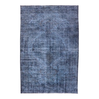 Vintage Hand Knotted Turkish Overdyed Oushak Rug in Dark Blue and Charcoal For Sale