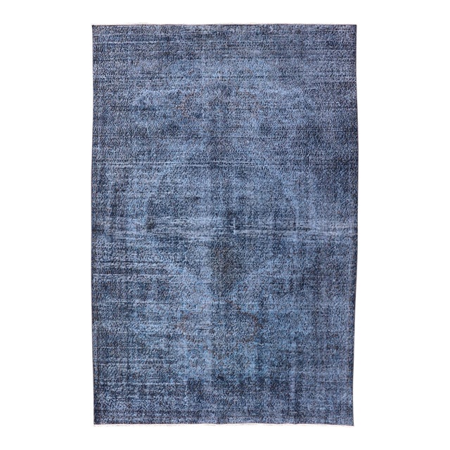 Vintage Hand Knotted Turkish Overdyed Oushak Rug in Dark Blue and Charcoal For Sale