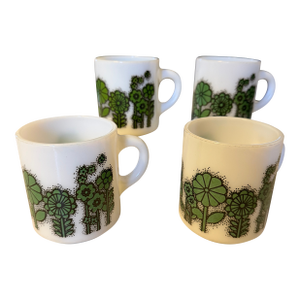 Vintage Hazel Atlas "Flower Power" Milk Glass Coffee Mugs '60s - Mid-Century Retro - Set of 4