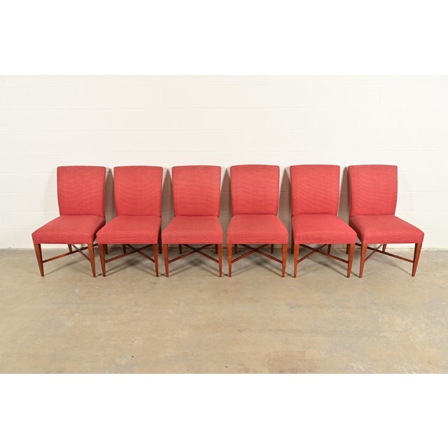 Art Deco Baker Furniture Modern Regency Sycamore Wood Upholstered X-Base Dining Chairs, Set of Six For Sale - Image 3 of 14