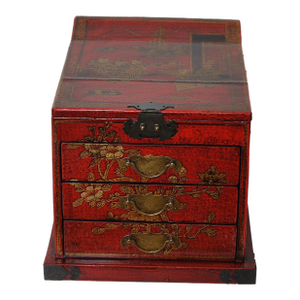 Inscribed Red Laquer Metal Mounted Wooden Vanity Box Case Chest With Mirror and Drawers
