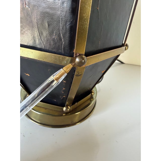 Vintage Hollywood Regency Brass & Black Leather Geometric Table Lamp For Sale - Image 11 of 13