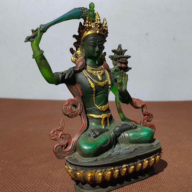Glass 1940s Green Bodhisattva (Tara) Figurine Seated on Lotus Throne — Green & Gold Robes, Red Sashes For Sale - Image 7 of 9