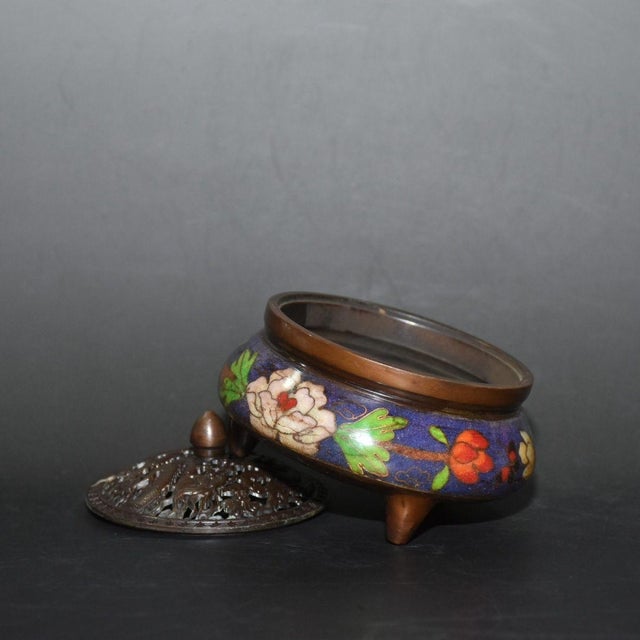 Vintage Cloisonné Enamel Incense Burner With Floral Motif - Asian Censer For Sale - Image 9 of 9