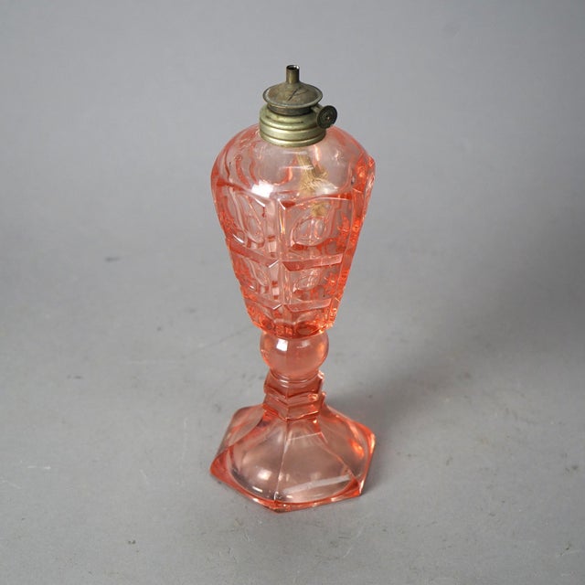 Antique Pink Coinspot Pressed Glass Oil Lamp Circa 1840 For Sale - Image 4 of 10