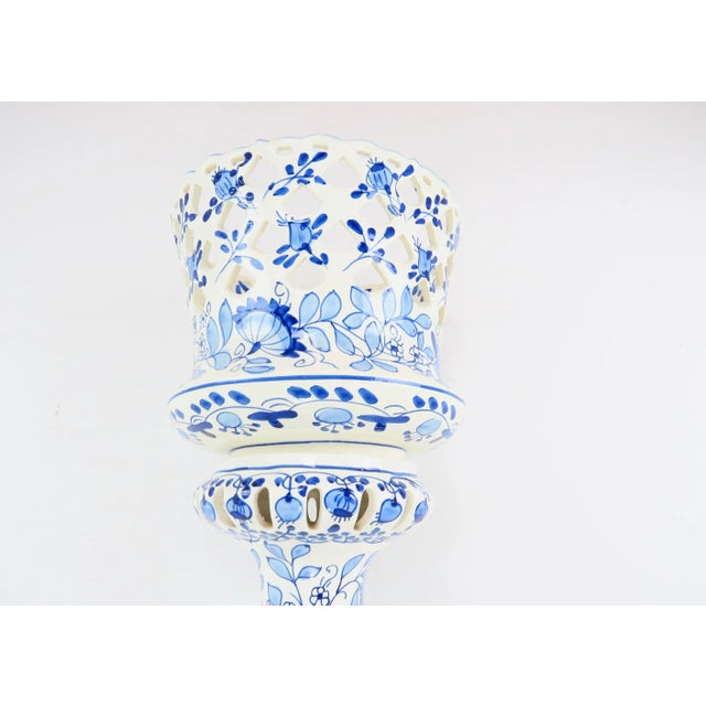 Vintage 1970s Spanish Ceramic Blue & White Reticulated Jardiniere Planter on Pedestal For Sale - Image 10 of 12