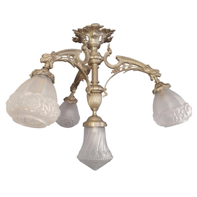 19th Century French Medieval Gothic Revival Bronze Four-Light Chandelier with Frosted Glass with Gryphons Gargoyles Dragons, 1890s For Sale - Image 6 of 13