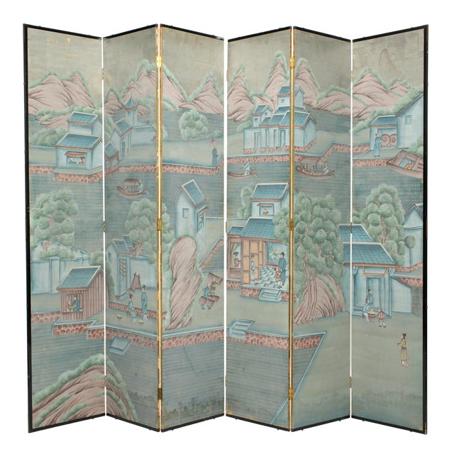 Paint Antique Chinese Export Six Panel Watercolor Floor Screen, Hand-Painted For Sale - Image 7 of 12