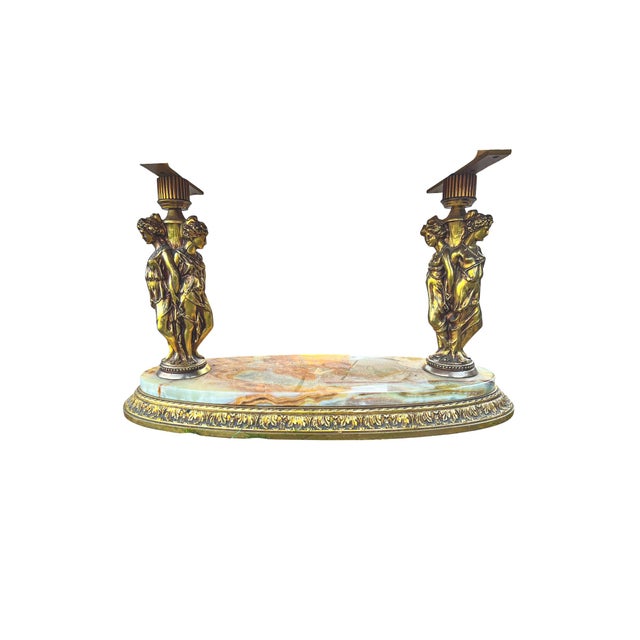 Metal Oval Brass and Onyx Marble Console Coffee Table with Greek Nymphs, 1960s For Sale - Image 7 of 8