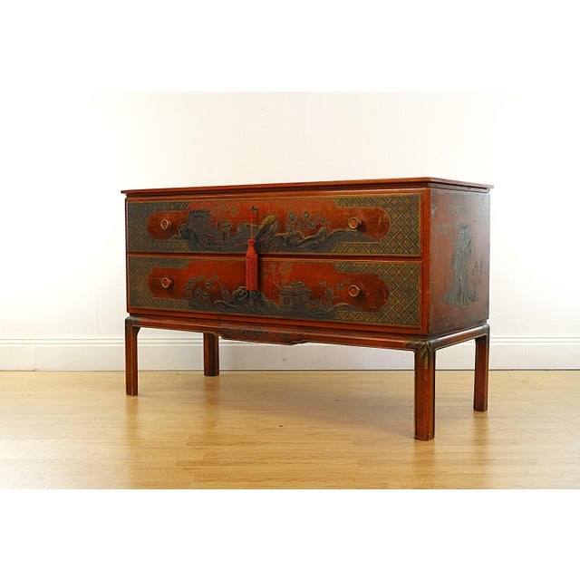 Large Chest with Hand-Painted Red, Gold and Bronze Chinoiserie Motif, Sweden, 1920s For Sale - Image 3 of 8