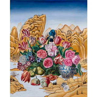 Western Still Life with Eastern Landscape by Robin Hextrum | Oil on canvas Still life of flowers and fruit with a landscape. For Sale