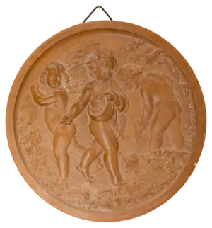 Wall Plaque Sculpture Medallion Three Putti in Agricultural Scenes, 1920s
