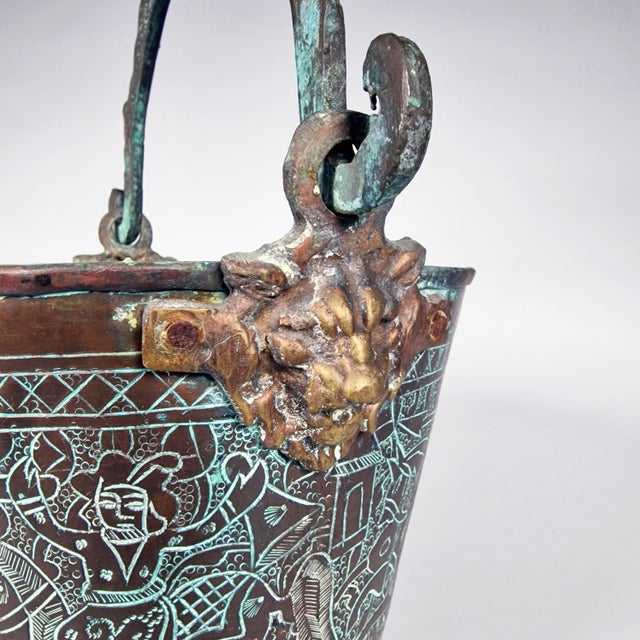 Late 19th Century Antique Copper Bucket Lion Mounts Indian Kashmir Mughal Warrior Horses Verdigris For Sale - Image 5 of 9