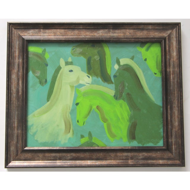 Elegant horse portraits in shades of green. Minimalism, English Traditional, Art Deco, American . Framed in a quality...