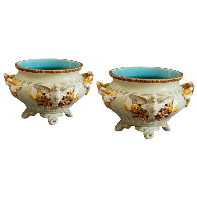 Majolica Cache Pots of Swallows from Sarreguemines, 1880s, Set of 2 For Sale