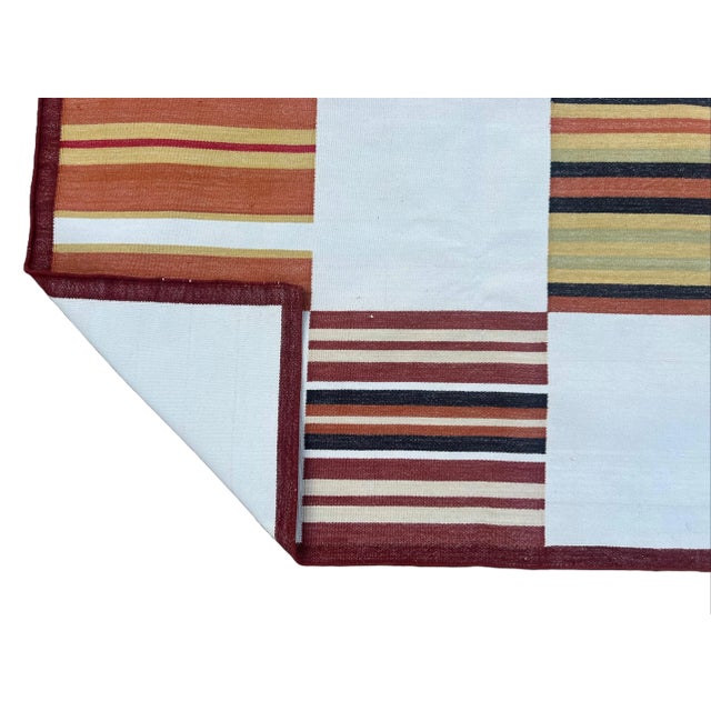 Casa Cosima Handwoven Cotton Area Rug, Vegetable Dyed Cream and Red Tile Patterned Dhurrie - 10'x14' For Sale - Image 4 of 10