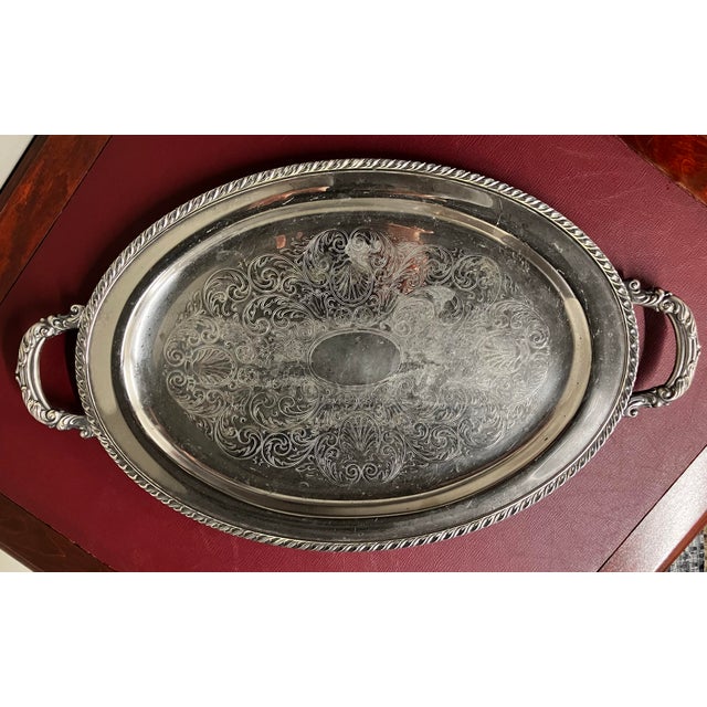 Mid-Century Oneida Silver-Plated 25" Grand Oval Butler’s Tray With Etched Victorian Scroll For Sale - Image 4 of 18