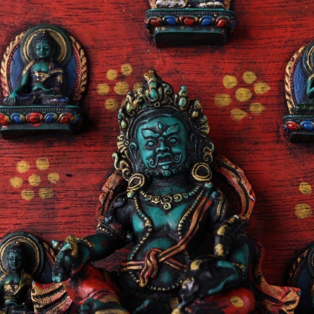 Red Vintage Tibetan Yellow Jambhala Tsa‑Tsa Shrine Plaque, Wood‑Mounted Painted Clay Buddha Thangka‑Style Wall Decor For Sale - Image 8 of 9