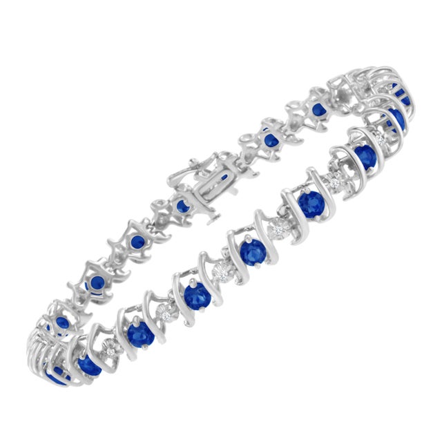 Contemporary .925 Sterling Silver,Lab-Grown Gemstone and 4 Cttw Round Diamond Tennis Bracelet (H-I Color, I1-I2 Clarity) Created Blue Sapphire,September Birthstone For Sale - Image 3 of 7