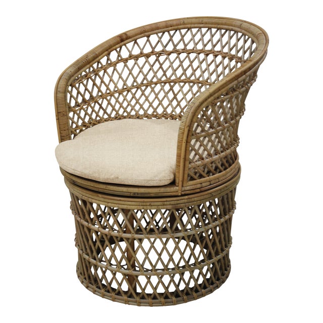 Barrel Swivel Chair, Beige, Rattan | Chairish