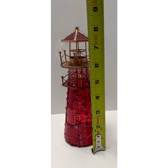 Vintage Nautical Ruby Red Glass Lighthouse Candle Holder Coastal Copper Bronze Trim For Sale In Indianapolis - Image 6 of 9