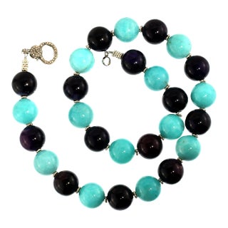AJD Necklace of Amazonite and Amethyst Spheres February Birthstone For Sale