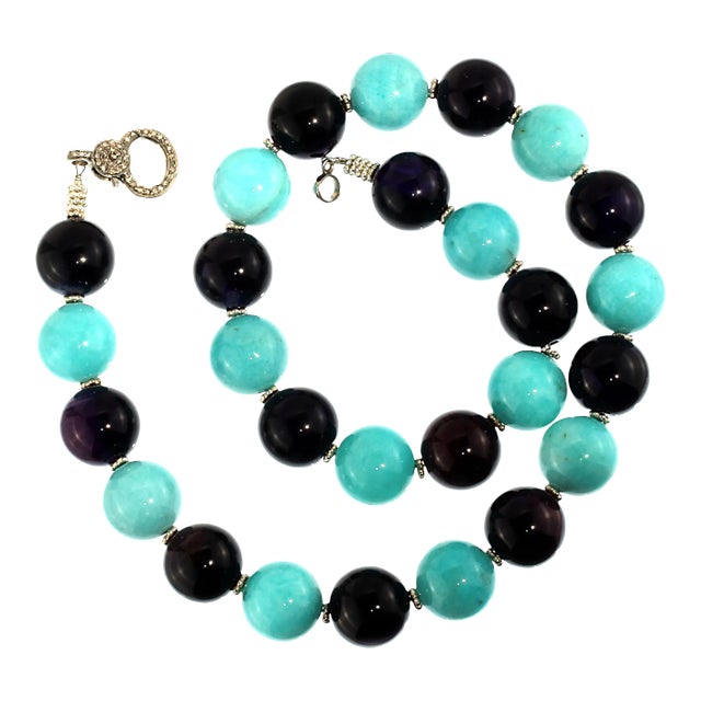 AJD Necklace of Amazonite and Amethyst Spheres February Birthstone For Sale