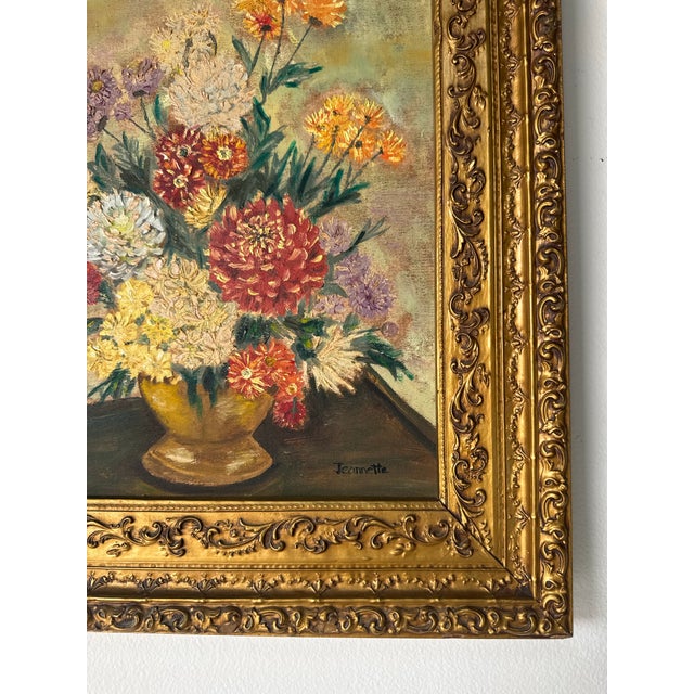 1970s Vintage Jeannette Floral Still Life Oil on Canvas Painting, Gilt Framed For Sale - Image 9 of 12