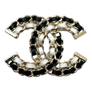 Chanel Brand New Gold CC Black White Leather Chain Large Brooch For Sale