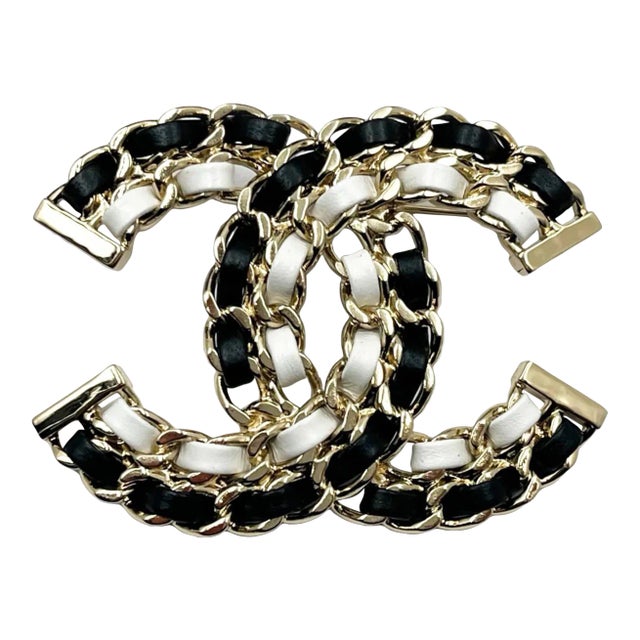 Chanel Brand New Gold CC Black White Leather Chain Large Brooch For Sale